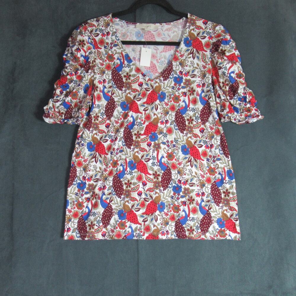 Loft Top Womens Large Peacock Floral Short Sleeve Hipster Gardener Momcore Tee